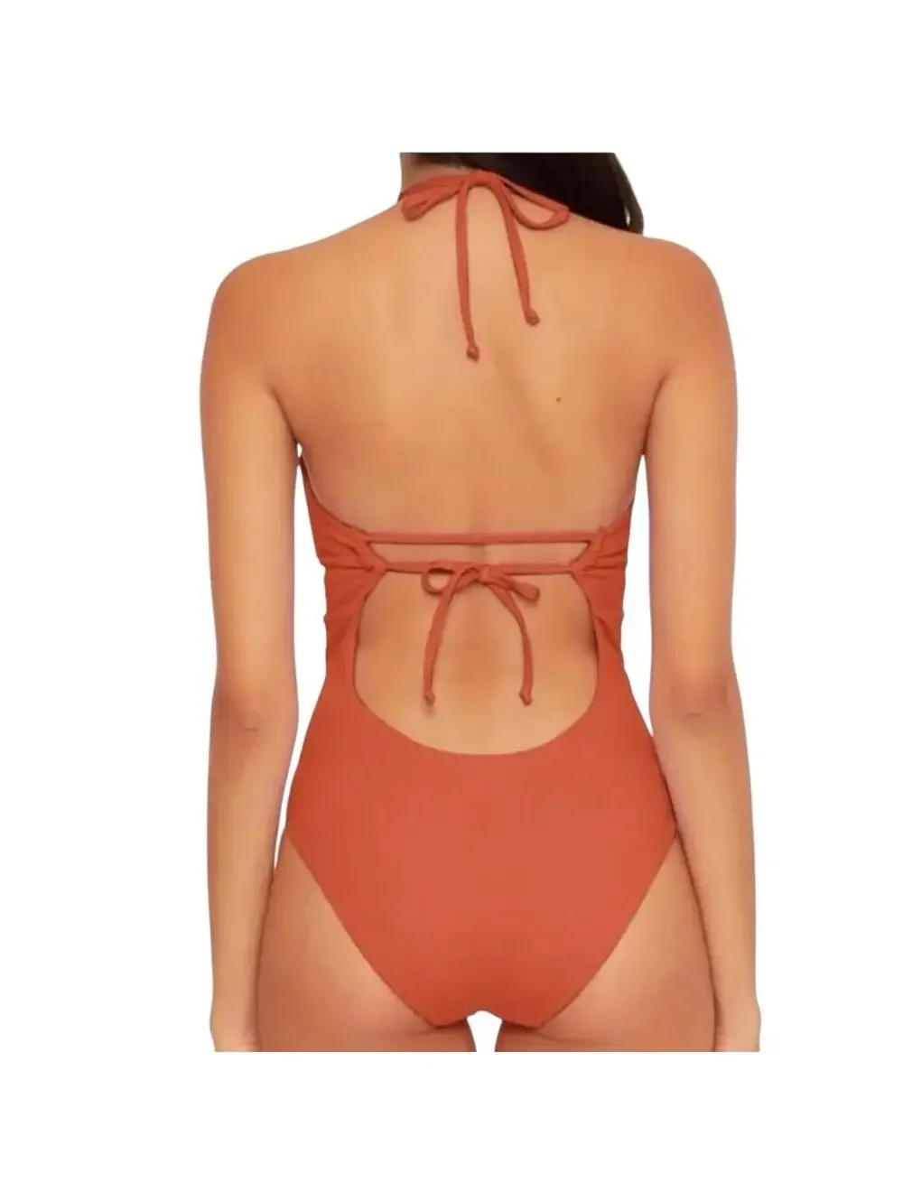 BECCA cut out textured tie back One Piece swimsuit rust orange size M $138 New